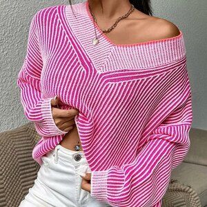 Pink Casual Womens Vertical Stripe Pattern Drop Shoulder Sweater